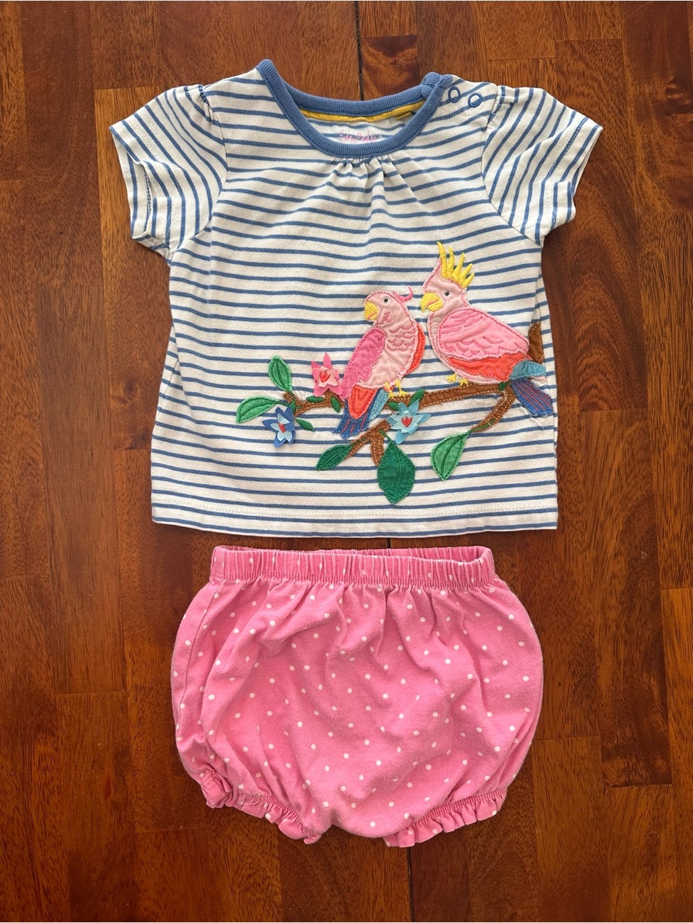 Baby Boden Blue Striped Bird Top with Pink Polka Dot Bloomers